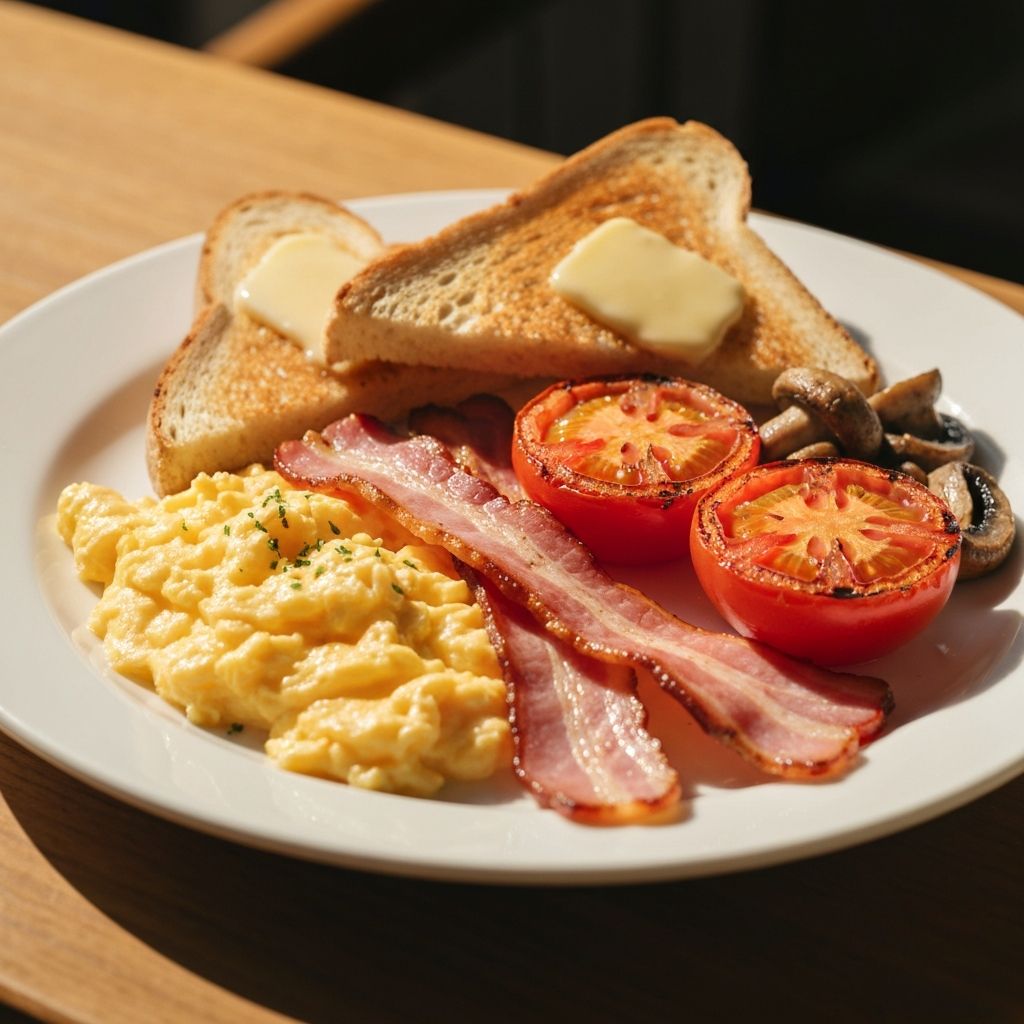 A classic Zambas Snack Bar breakfast plate with eggs, bacon and toast