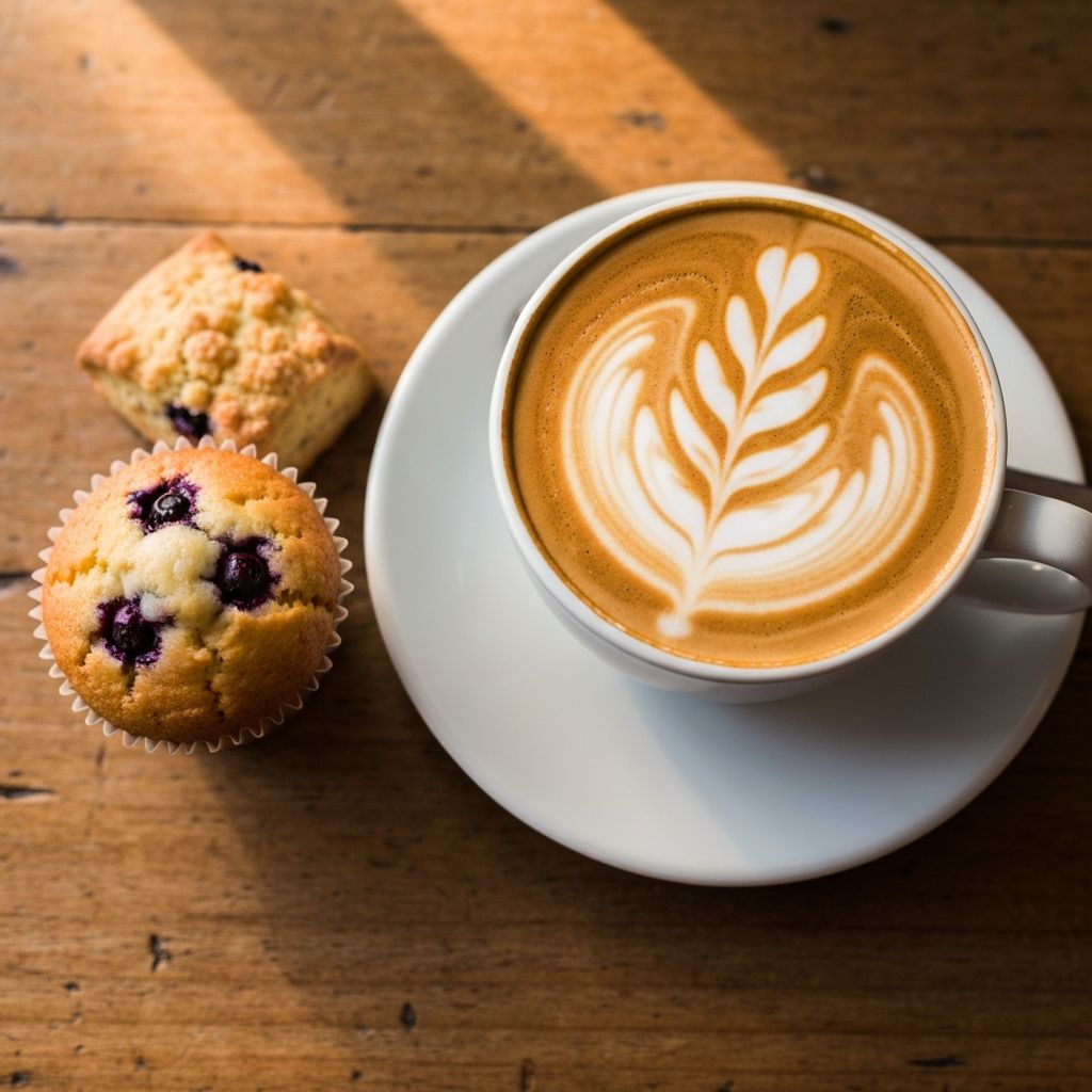 Flat white coffee with latte art and snacks at Zambas Snack Bar